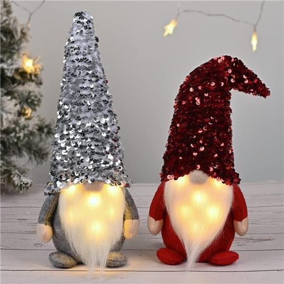 2 Pack Sequin Christmas Gnomes Plush with LED Lighting Beard, Swedish Tomte - Picture 1 of 6